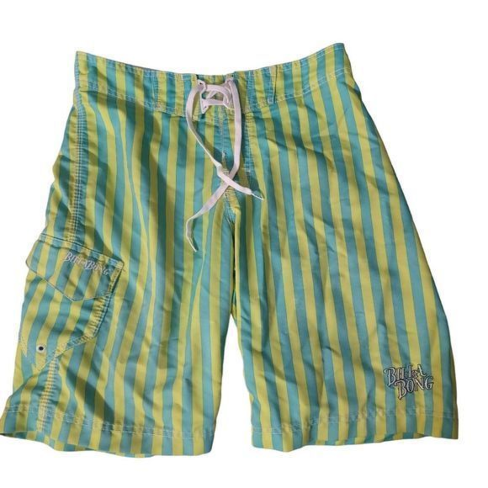 Billabong men's green blue stripes swim trunks board shorts sz medium embroidery
